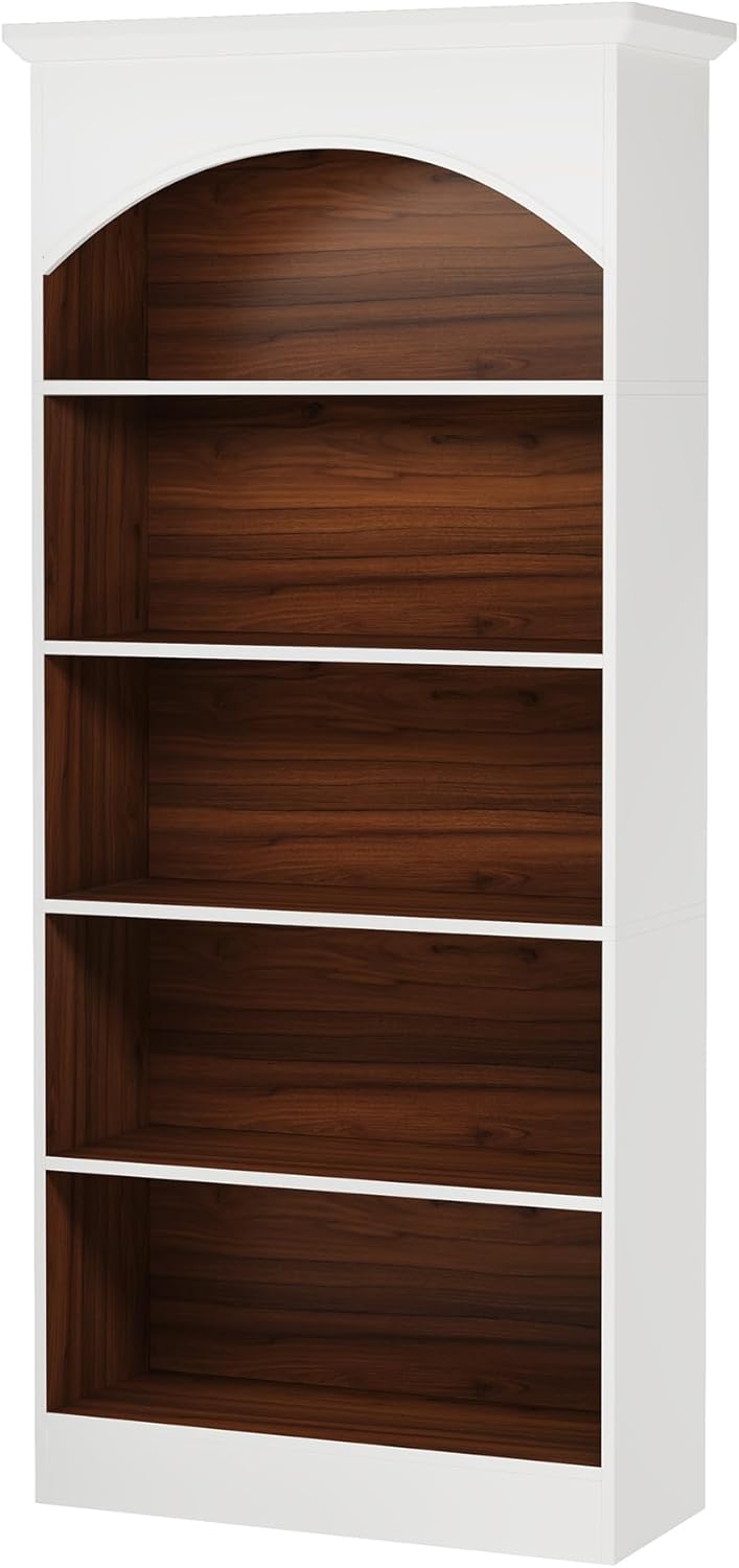 Vintage Arched 5-Tier White & Oak Library Bookcase