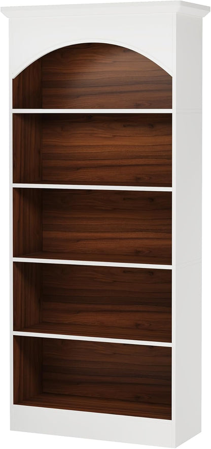 Vintage Arched 5-Tier White & Oak Library Bookcase