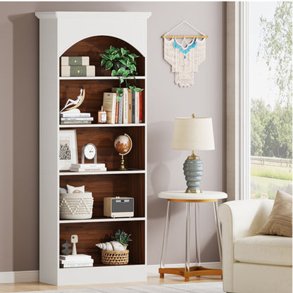Vintage Arched 5-Tier White & Oak Library Bookcase
