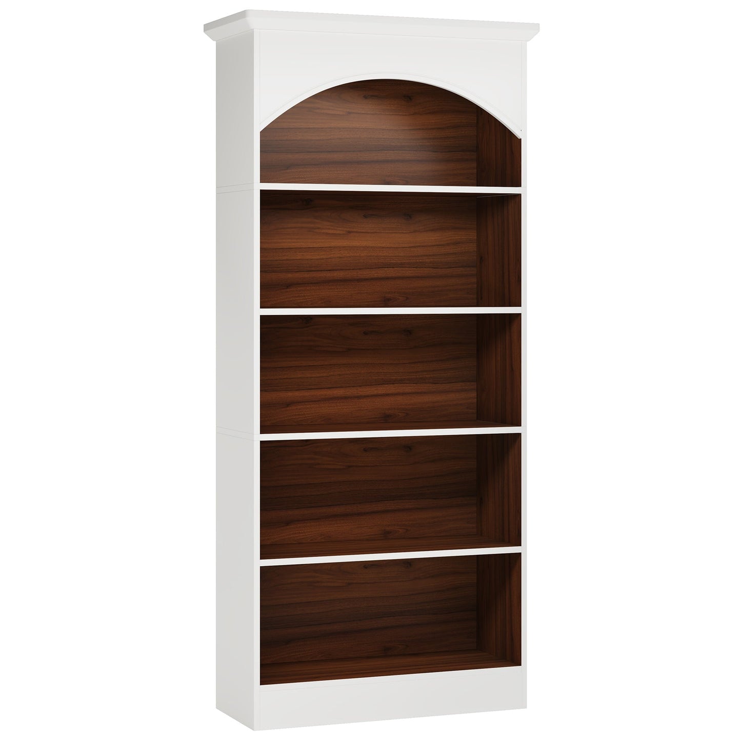 Vintage Arched 5-Tier White & Oak Library Bookcase