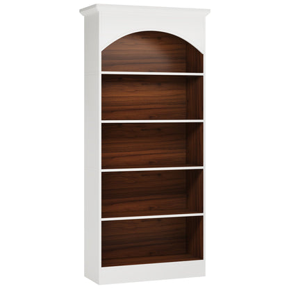 Vintage Arched 5-Tier White & Oak Library Bookcase