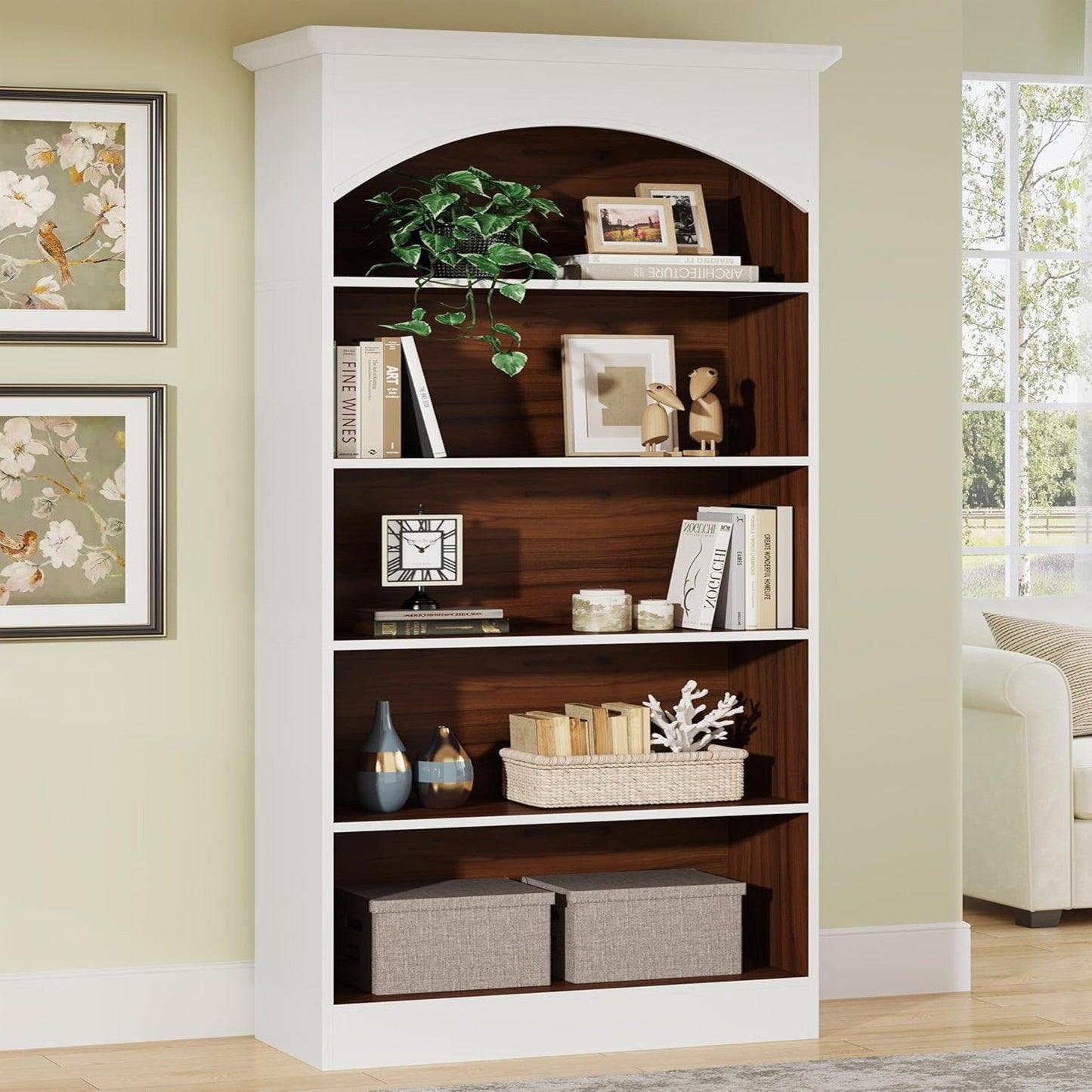 Vintage Arched 5-Tier White & Oak Library Bookcase