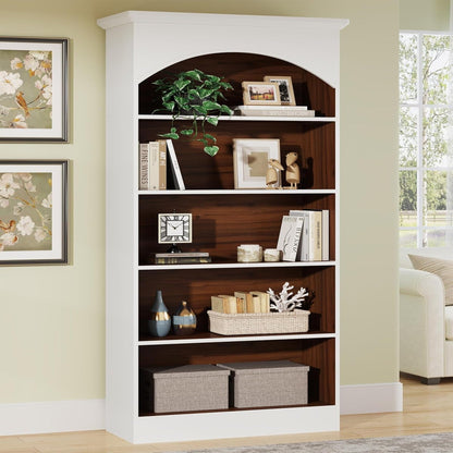 Vintage Arched 5-Tier White & Oak Library Bookcase