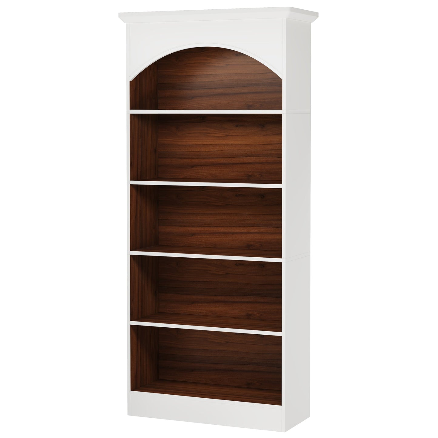 Vintage Arched 5-Tier White & Oak Library Bookcase