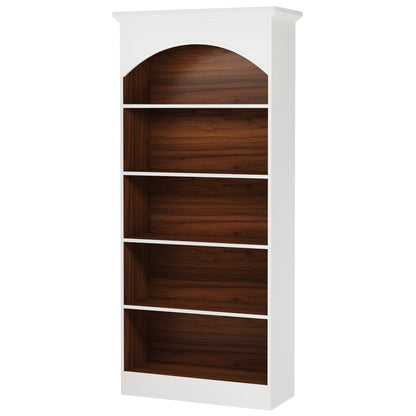 Vintage Arched 5-Tier White & Oak Library Bookcase