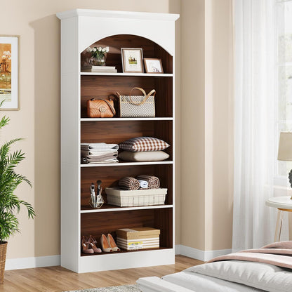 Vintage Arched 5-Tier White & Oak Library Bookcase
