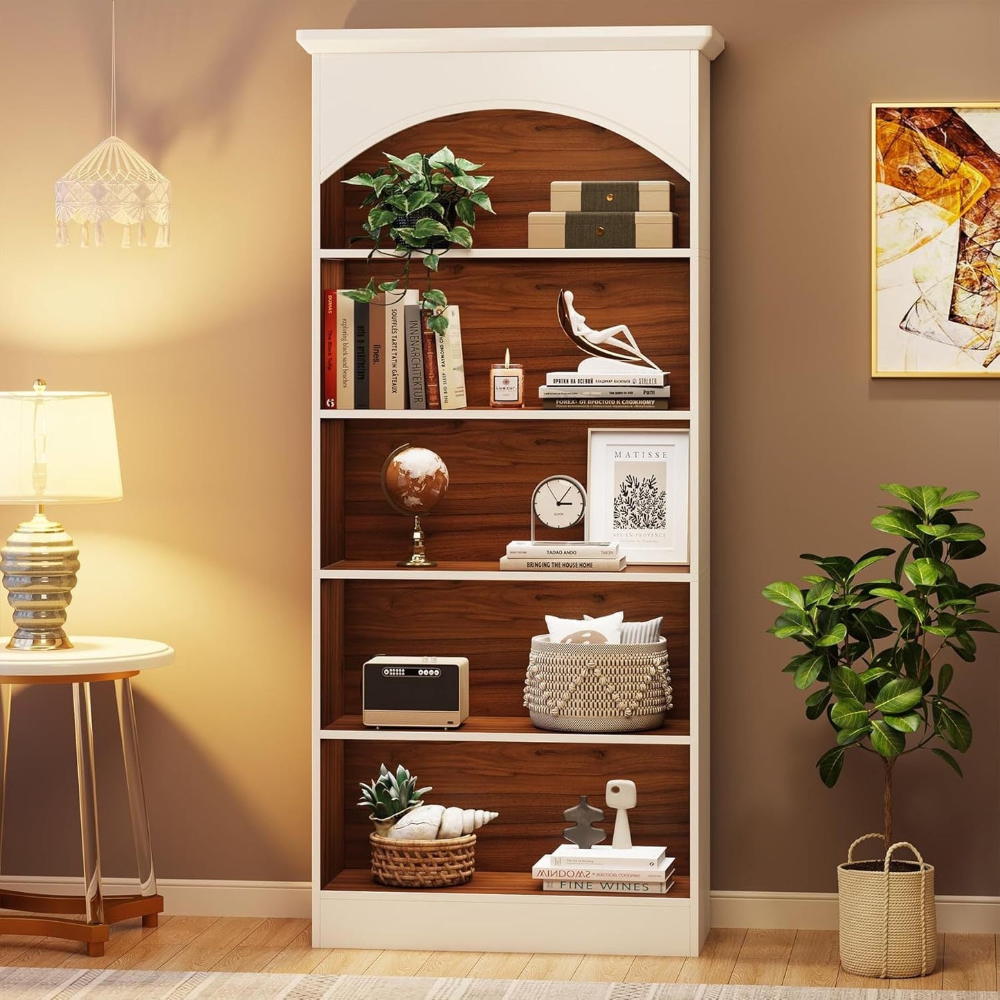 Vintage Arched 5-Tier White & Oak Library Bookcase
