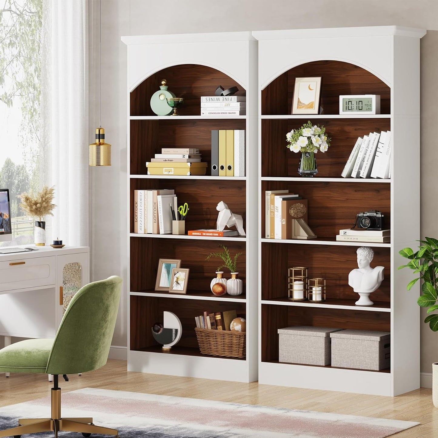 Vintage Arched 5-Tier White & Oak Library Bookcase